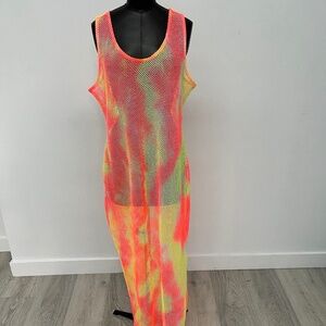 Neon Mesh Maxi Cover-Up | Sheer Tie-Dye Dress | Festival & Beachwear Statement